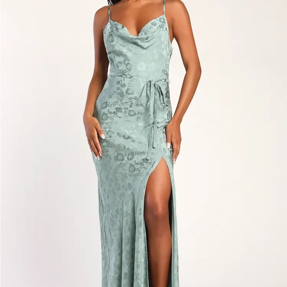 Lulu's Floral Flirtations Dusty Sage Satin Floral Jacquard Maxi Dress